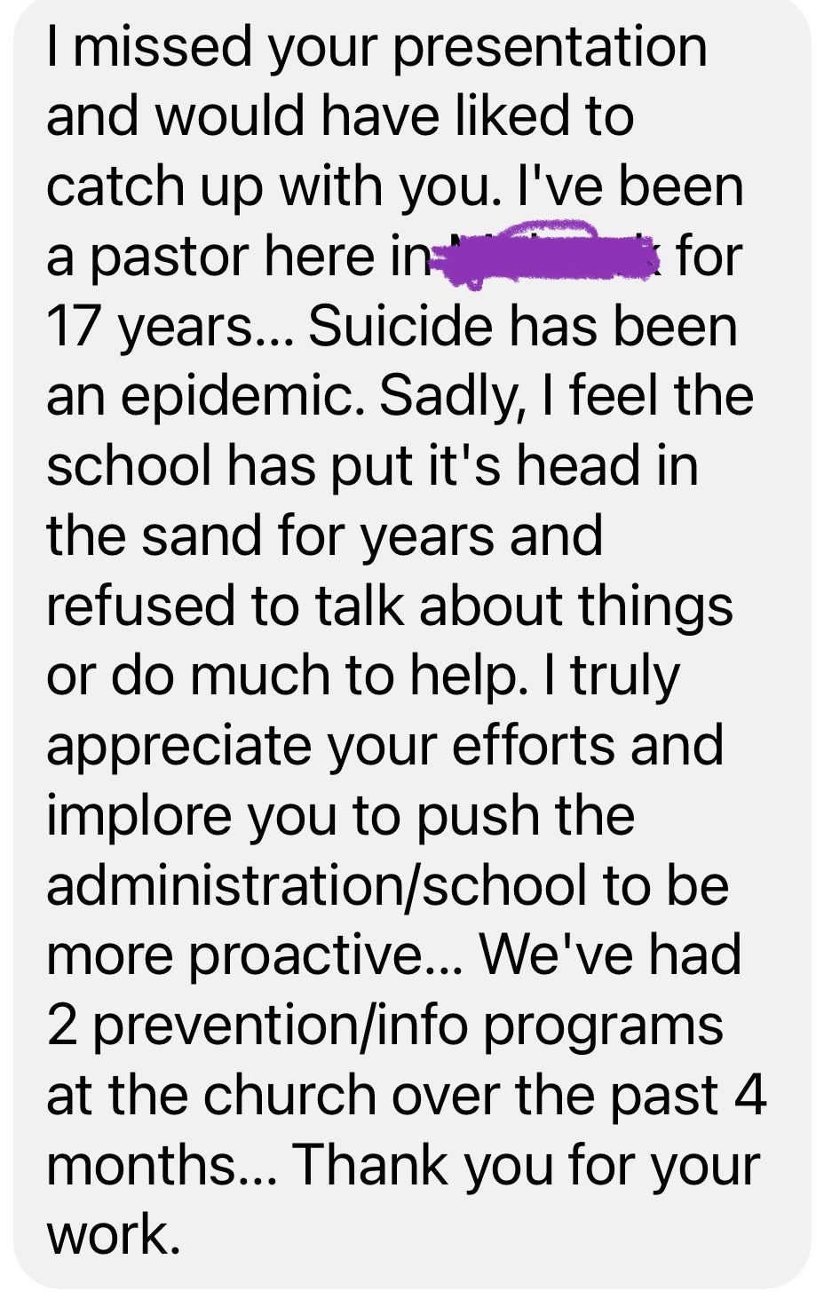 Pastor and the Church expressing their concern for schools and how they handle teen suicide