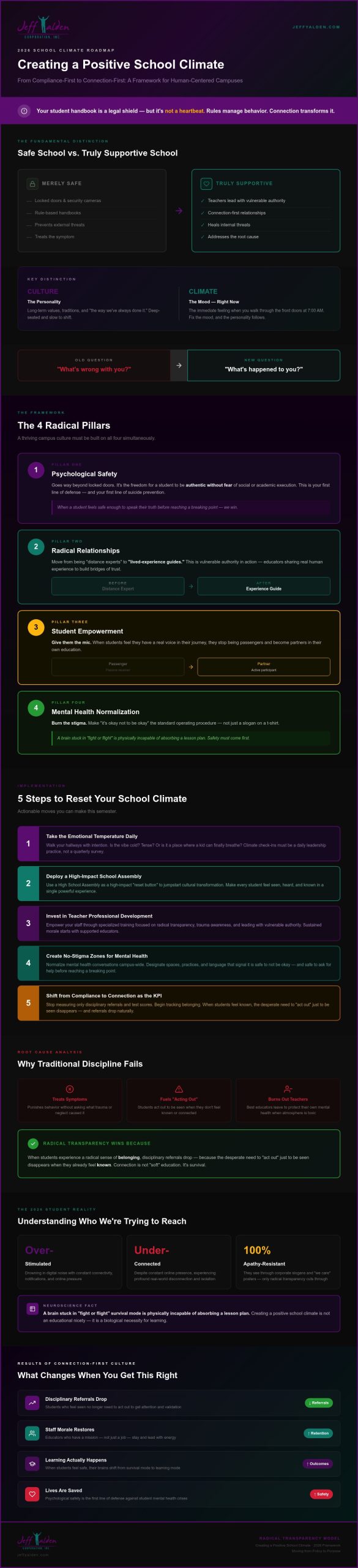 Dark infographic titled Creating a Positive School Climate comparing Safe vs Truly Supportive schools with pillars and steps described across sections.