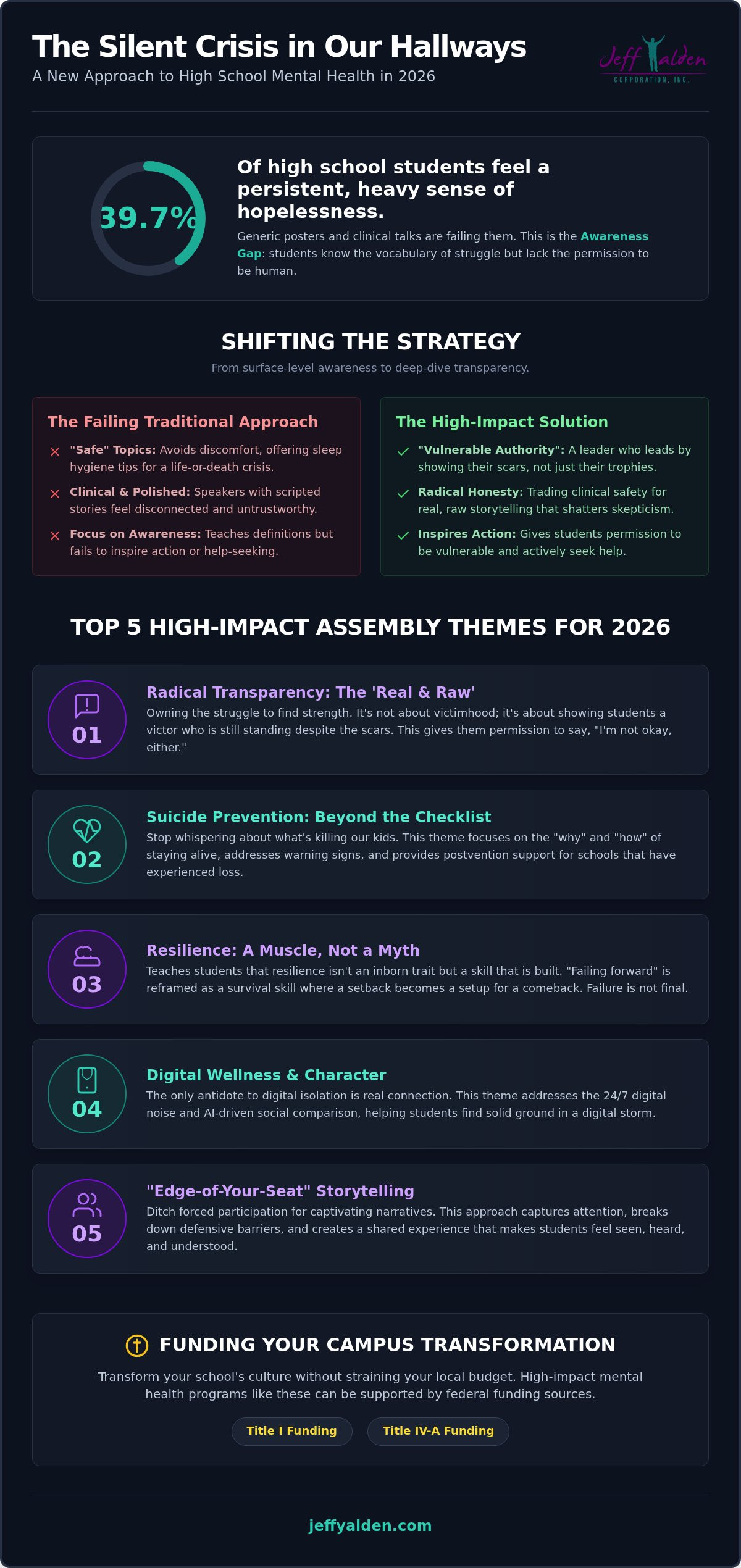 Infographic on high school mental health strategy: dark layout with the title "The Silent Crisis in Our Hallways" and a 39.7% donut chart, then a section comparing The Failing Traditional Approach with The High-Impact Solution, followed by Top 5 High-Impact Assembly Themes and a Funding section with two buttons.